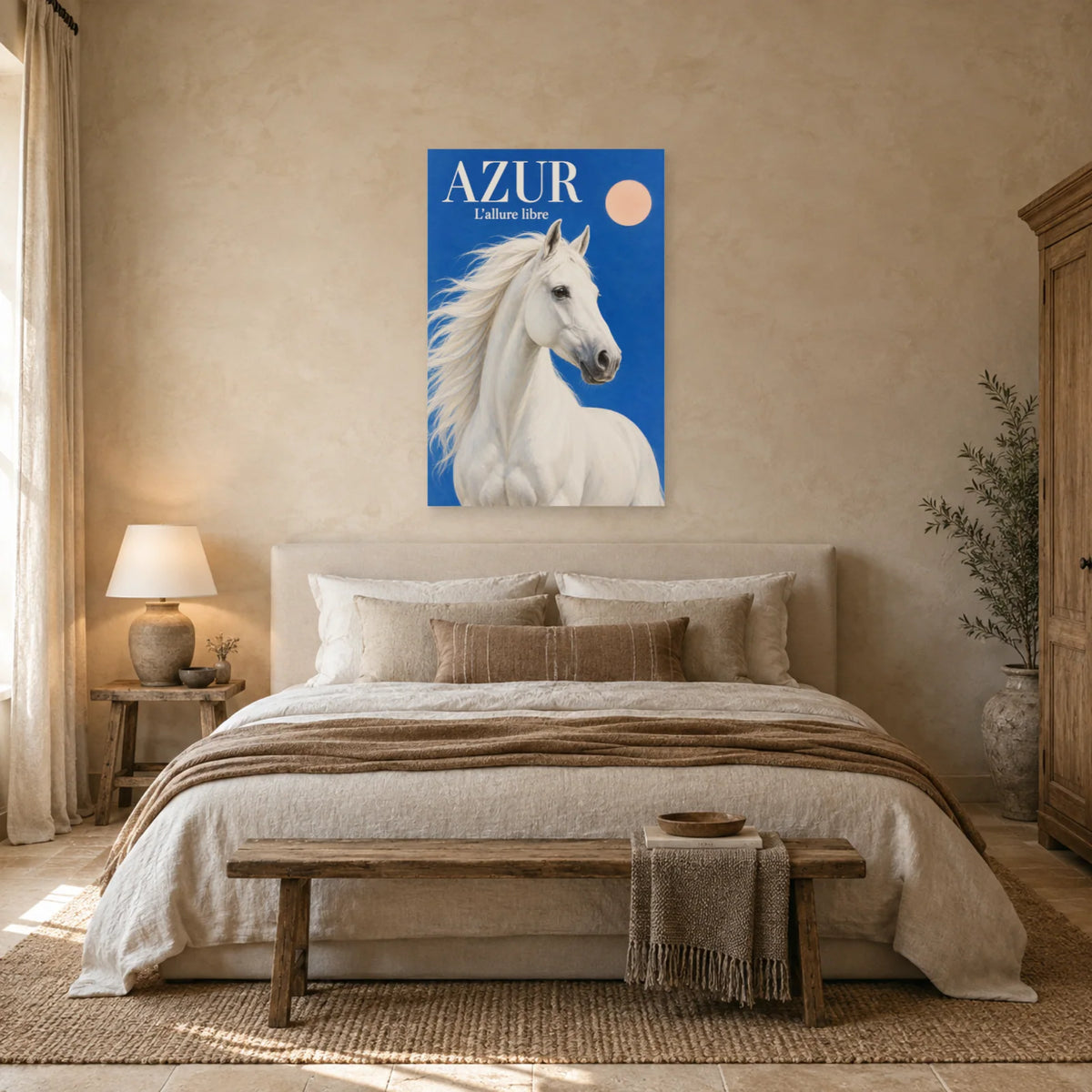 Affiche Cheval blanc - Azur dans une chambre - Art Virtuoso