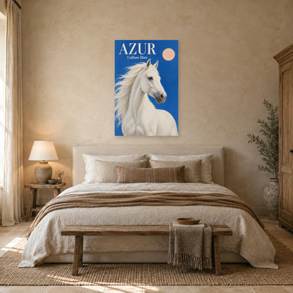 Affiche Cheval blanc - Azur dans une chambre - Art Virtuoso