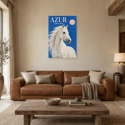 Affiche Cheval blanc - Azur dans un salon - Art Virtuoso