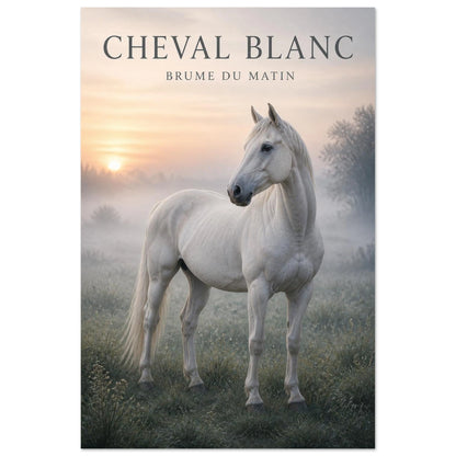 Affiche Cheval Blanc – Brume du Matin, illustration éditoriale verticale, format 40 × 60 cm