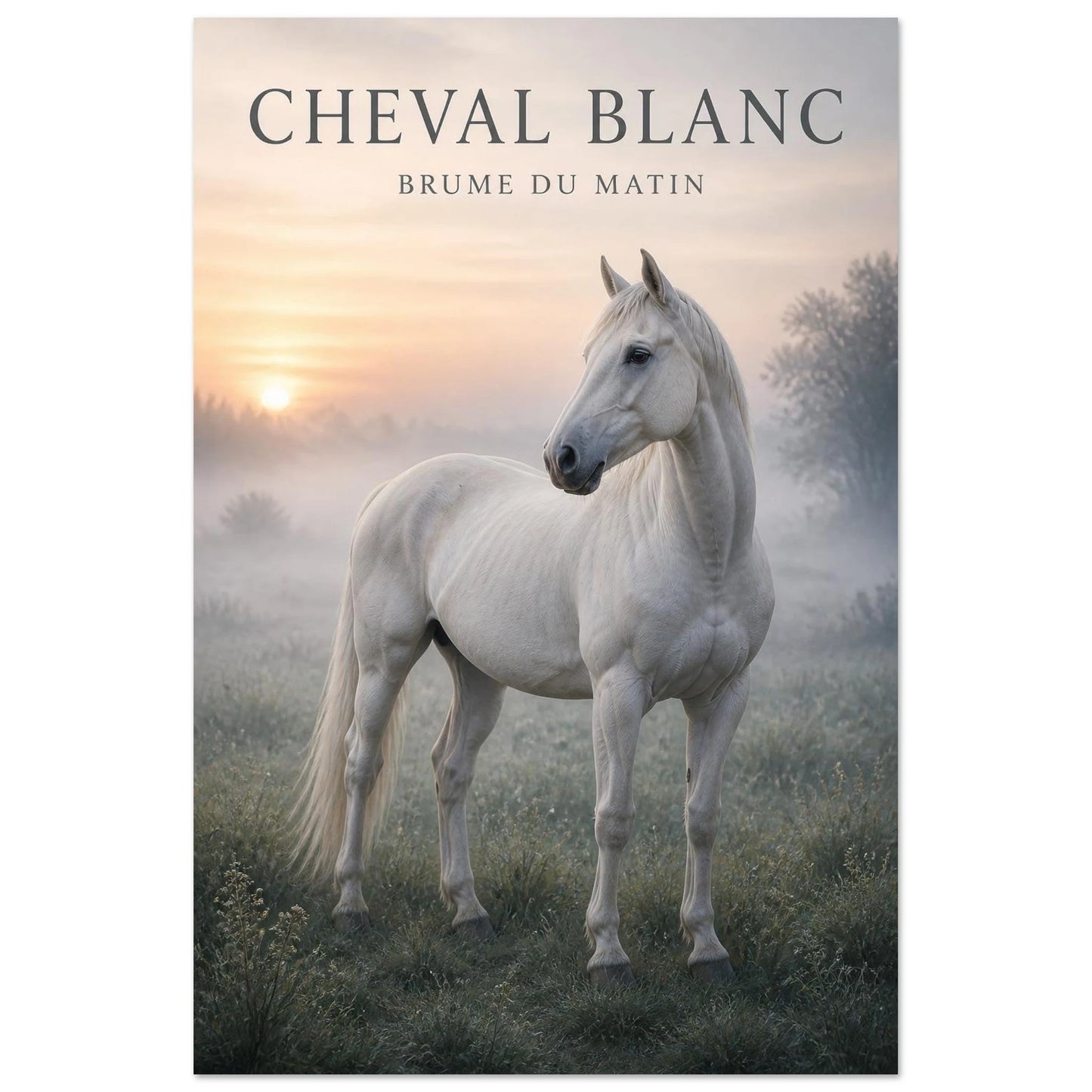 Affiche Cheval Blanc – Brume du Matin, illustration éditoriale verticale, format 60 × 90 cm