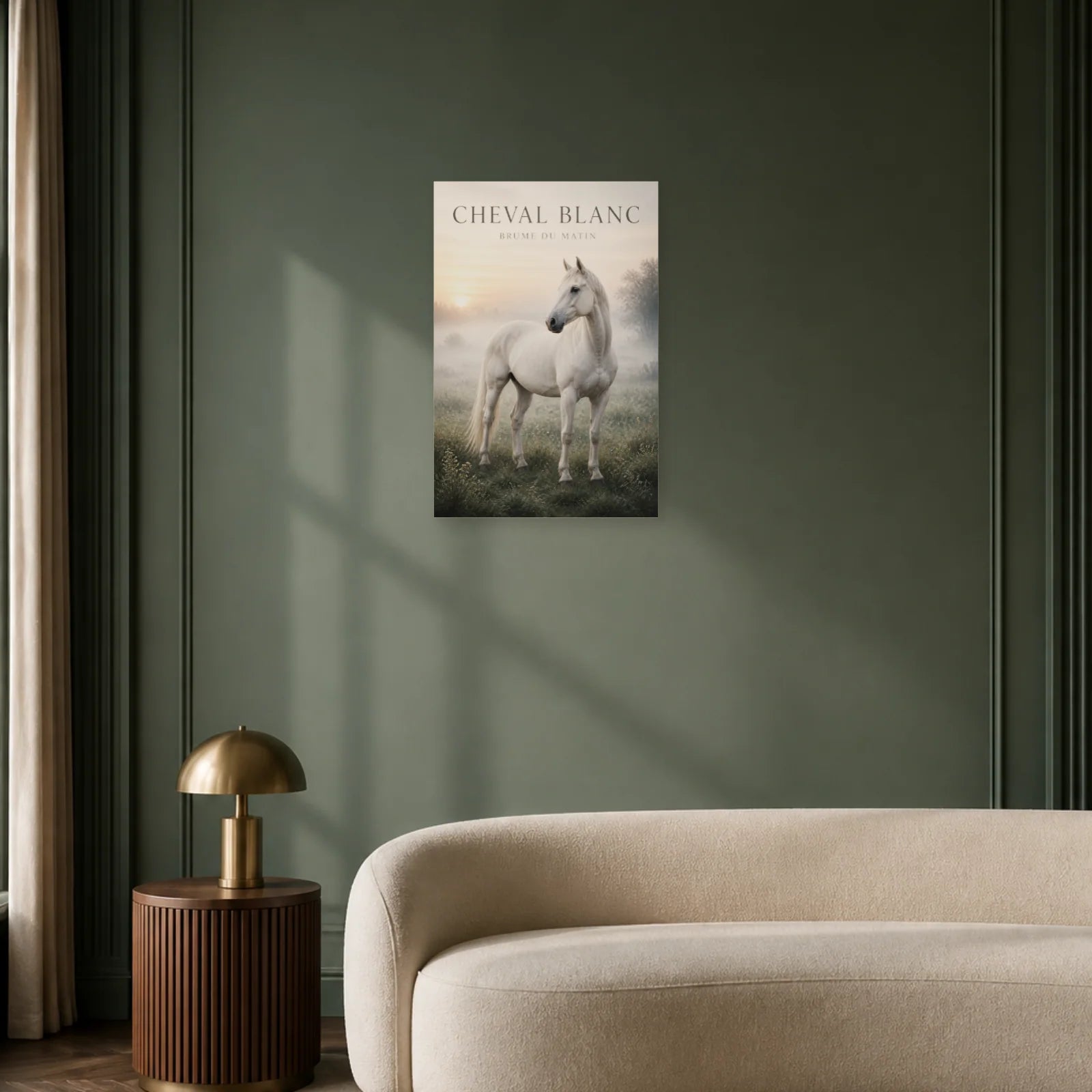 Affiche Cheval Blanc – Brume du Matin dans un bureau - Art Virtuoso