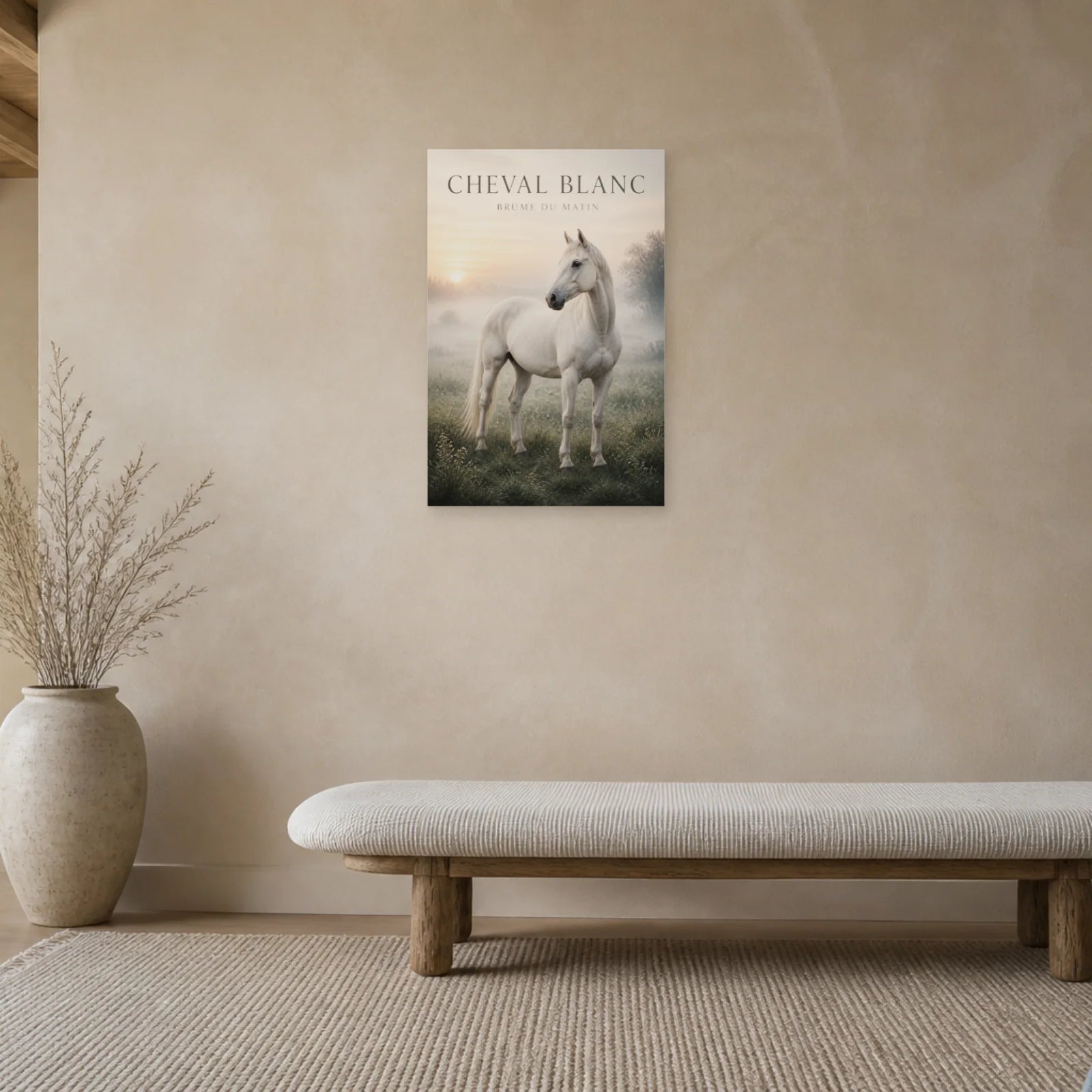 Affiche Cheval Blanc – Brume du Matin dans une chambre - Art Virtuoso