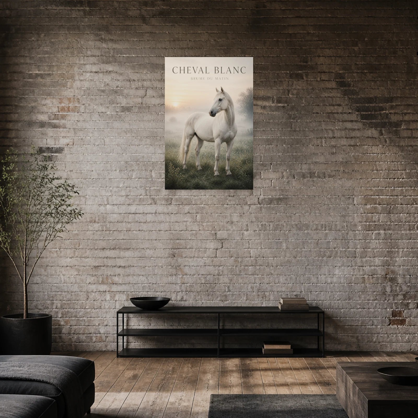 Affiche Cheval Blanc – Brume du Matin dans une salle à manger - Art Virtuoso