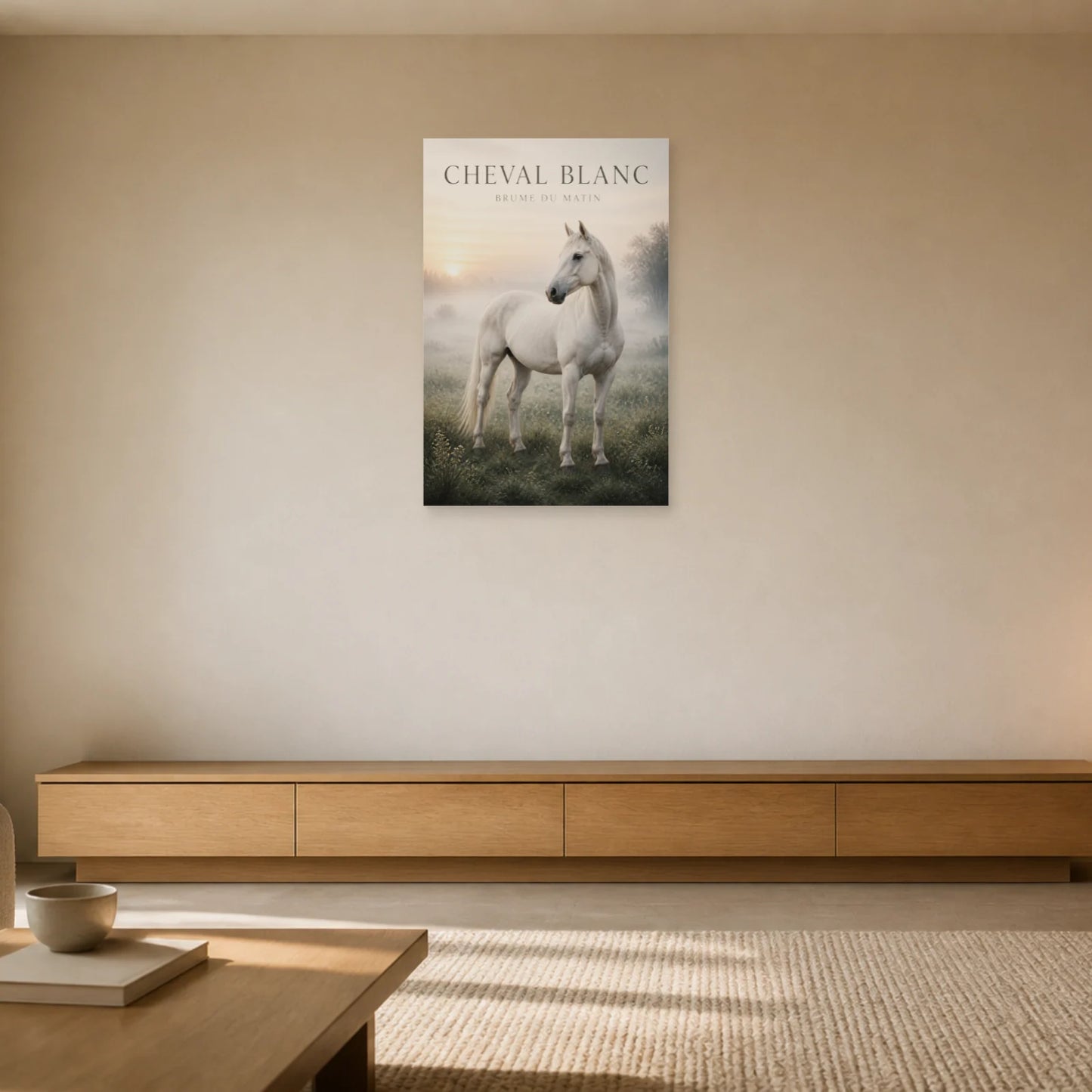 Affiche Cheval Blanc – Brume du Matin dans un salon - Art Virtuoso