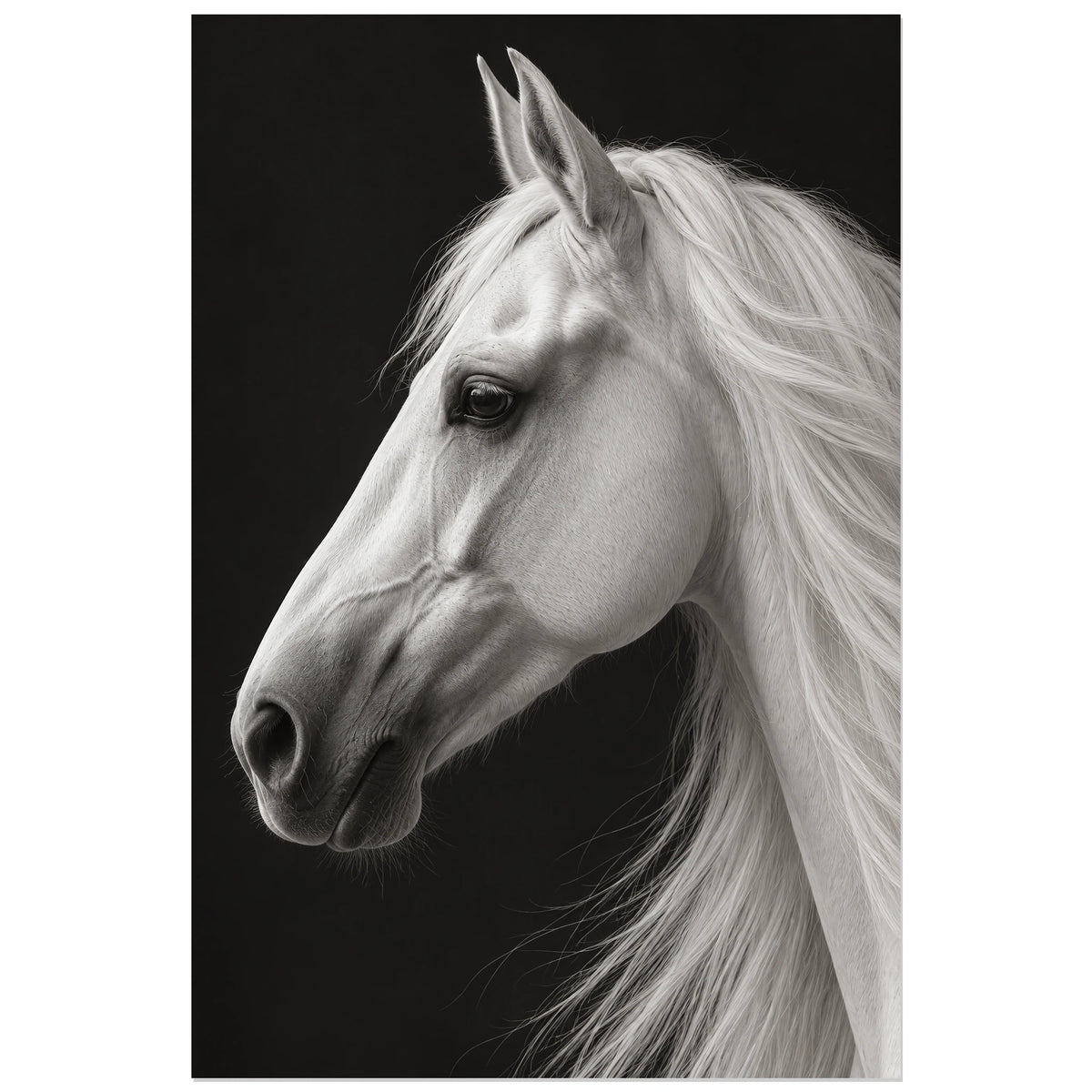 Affiche Cheval blanc – Ombre graphique, réalisme photographique / noir et blanc verticale, format 30 × 45 cm