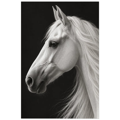 Affiche Cheval blanc – Ombre graphique, réalisme photographique / noir et blanc verticale, format 40 × 60 cm