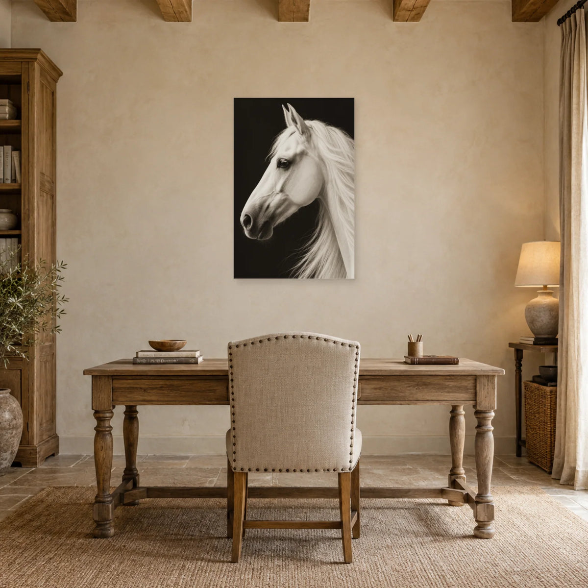 Affiche Cheval blanc - Ombre graphique dans un bureau - Art Virtuoso