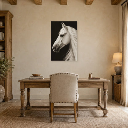 Affiche Cheval blanc - Ombre graphique dans un bureau - Art Virtuoso