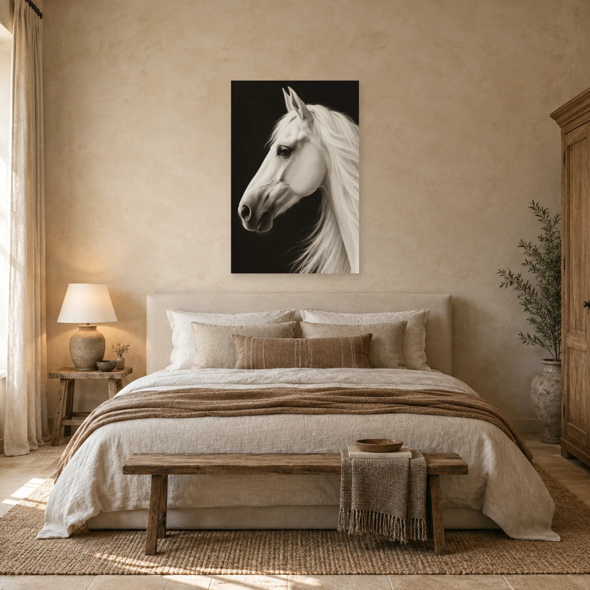 Affiche Cheval blanc - Ombre graphique dans une chambre - Art Virtuoso