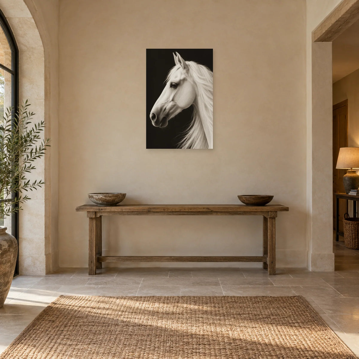 Affiche Cheval blanc - Ombre graphique dans une entrée ou un couloir - Art Virtuoso