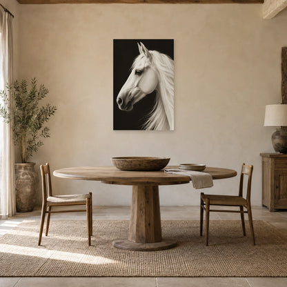 Affiche Cheval blanc - Ombre graphique dans une salle à manger - Art Virtuoso