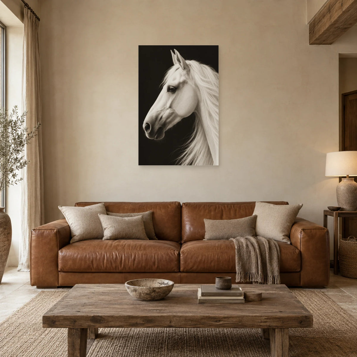 Affiche Cheval blanc - Ombre graphique dans un salon - Art Virtuoso
