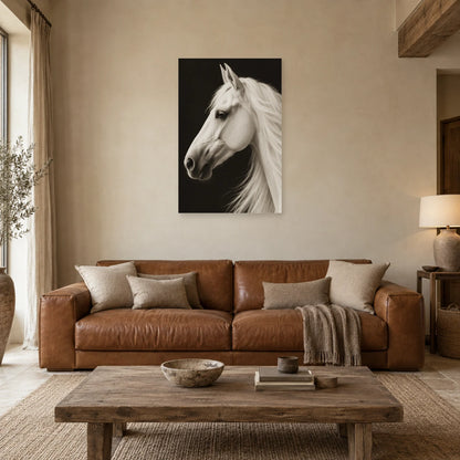 Affiche Cheval blanc - Ombre graphique dans un salon - Art Virtuoso