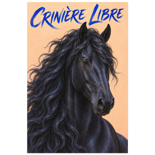 Affiche Cheval frison – Crinière libre, peinture réaliste / lettrage au pinceau verticale, format 30 × 45 cm
