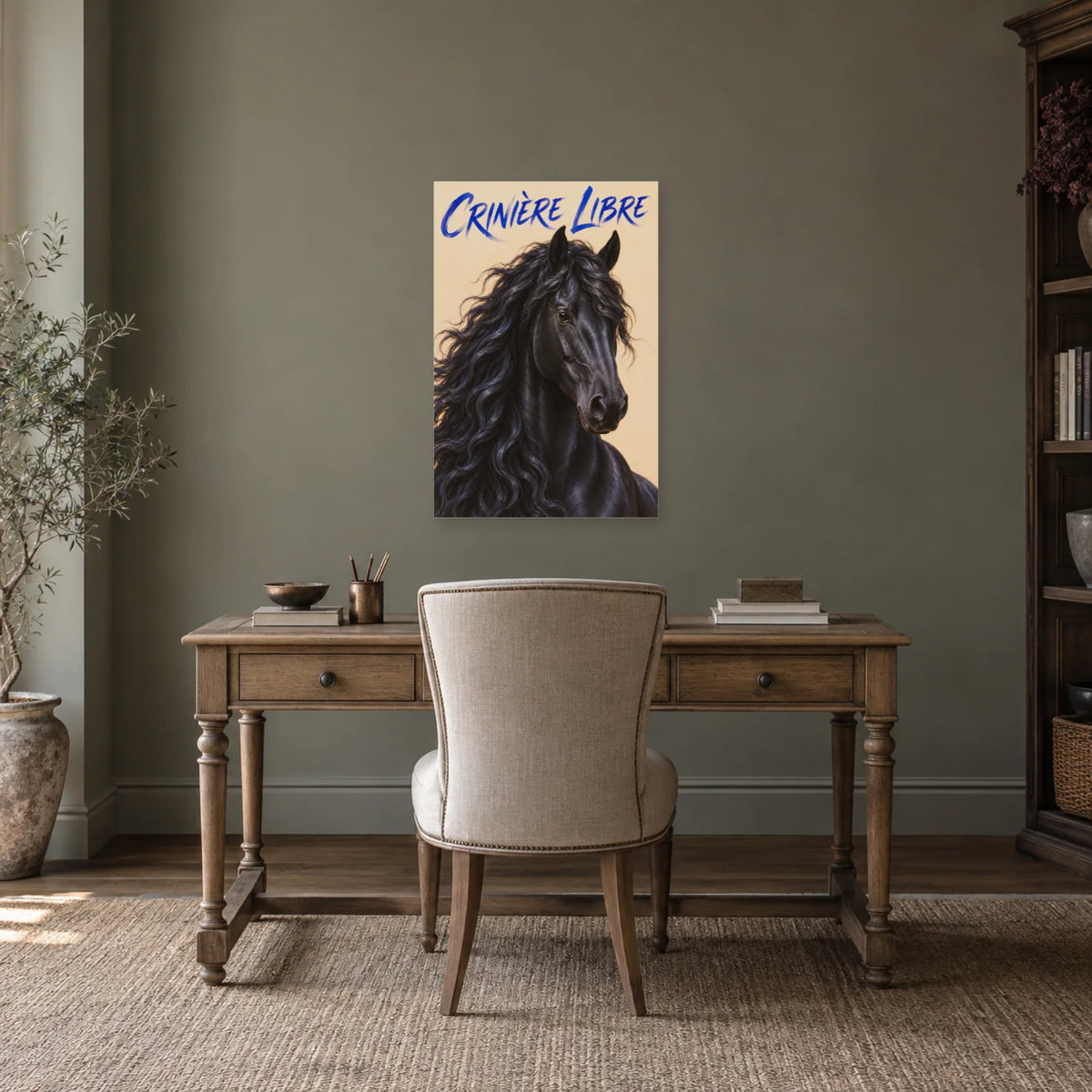 Affiche Cheval frison - Crinière libre dans un bureau - Art Virtuoso