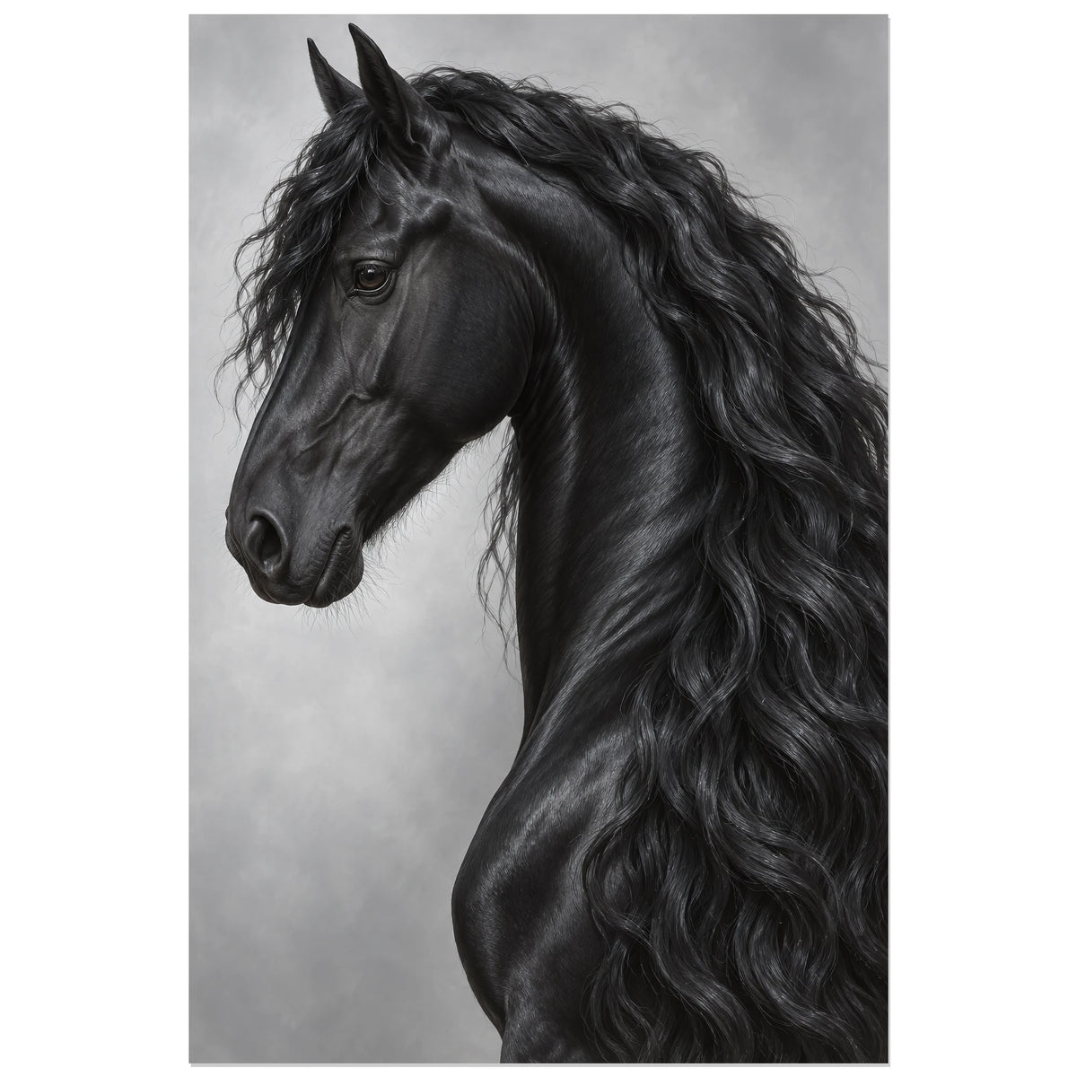 Affiche Cheval frison – Profil d’argent, réalisme photographique verticale, format 30 × 45 cm
