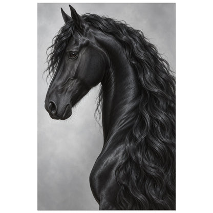 Affiche Cheval frison – Profil d’argent, réalisme photographique verticale, format 30 × 45 cm