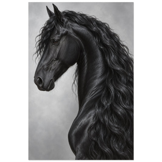 Affiche Cheval frison – Profil d’argent, réalisme photographique verticale, format 30 × 45 cm
