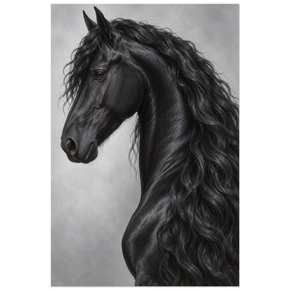 Affiche Cheval frison – Profil d’argent, réalisme photographique verticale, format 60 × 90 cm