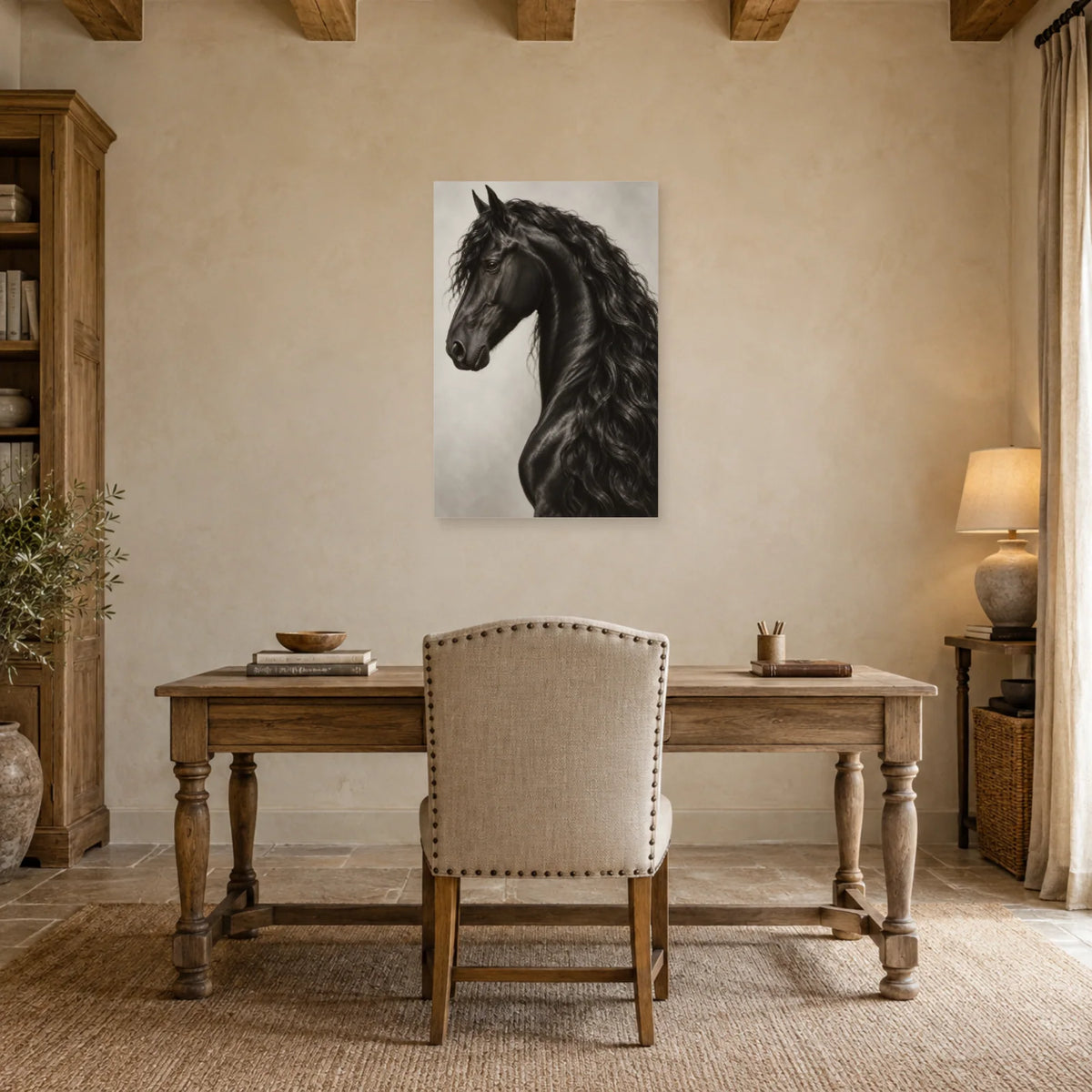Affiche Cheval frison - Profil d'argent dans un bureau - Art Virtuoso