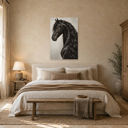 Affiche Cheval frison - Profil d'argent dans une chambre - Art Virtuoso