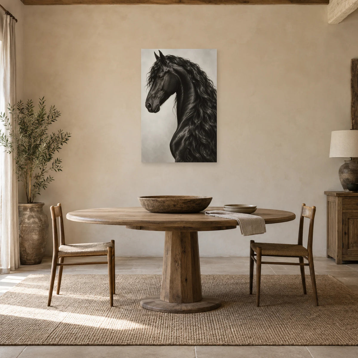 Affiche Cheval frison - Profil d'argent dans une salle à manger - Art Virtuoso