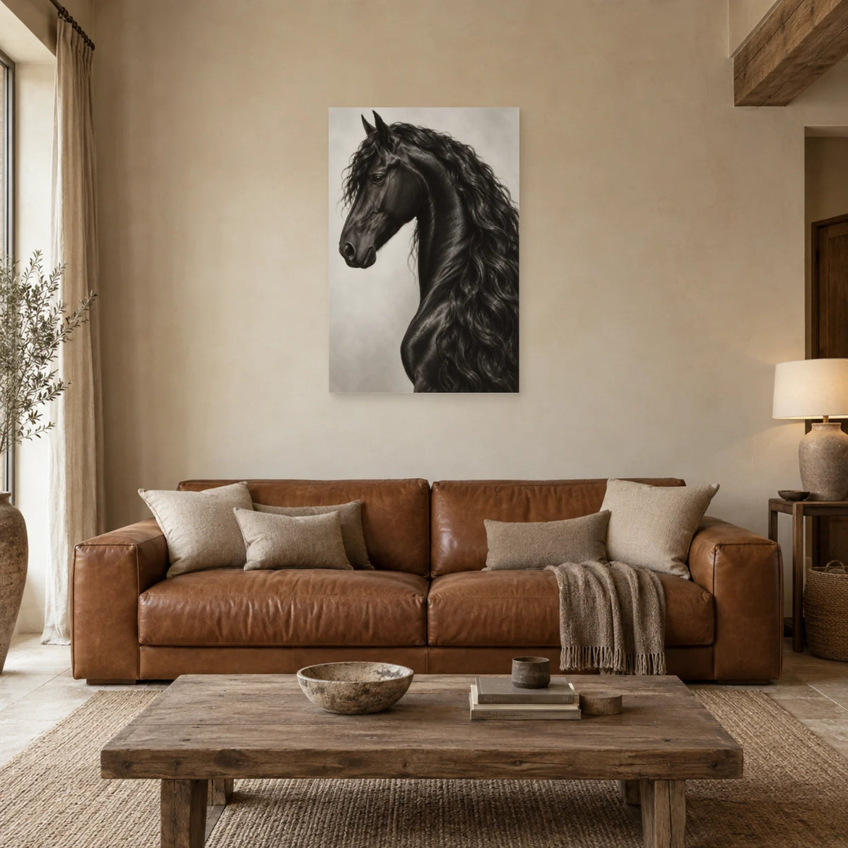 Affiche Cheval frison - Profil d'argent dans un salon - Art Virtuoso