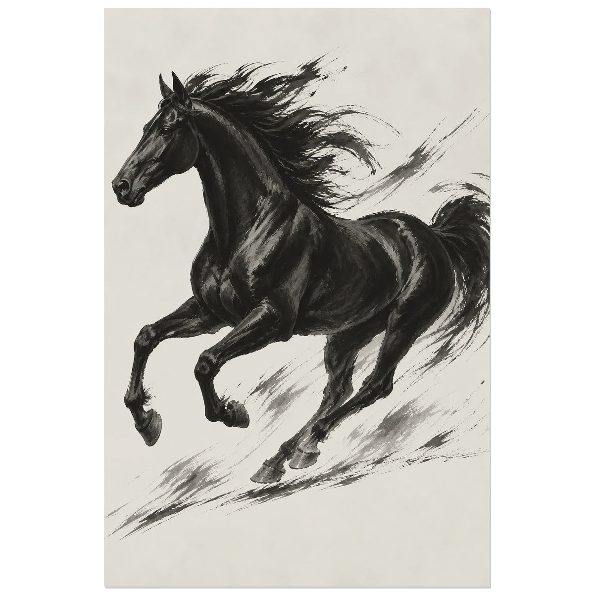 Affiche Cheval au galop – Ligne d’encre, peinture à l’encre / gestuel verticale, format 30 × 45 cm