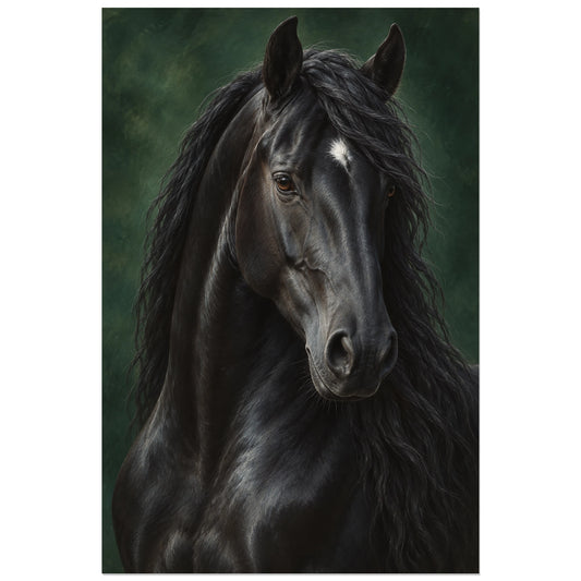 Affiche Cheval noir – Regard de velours, peinture réaliste / portrait animalier verticale, format 30 × 45 cm