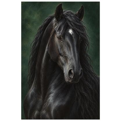 Affiche Cheval noir – Regard de velours, peinture réaliste / portrait animalier verticale, format 40 × 60 cm