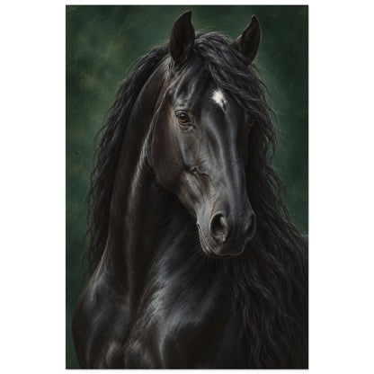 Affiche Cheval noir – Regard de velours, peinture réaliste / portrait animalier verticale, format 60 × 90 cm