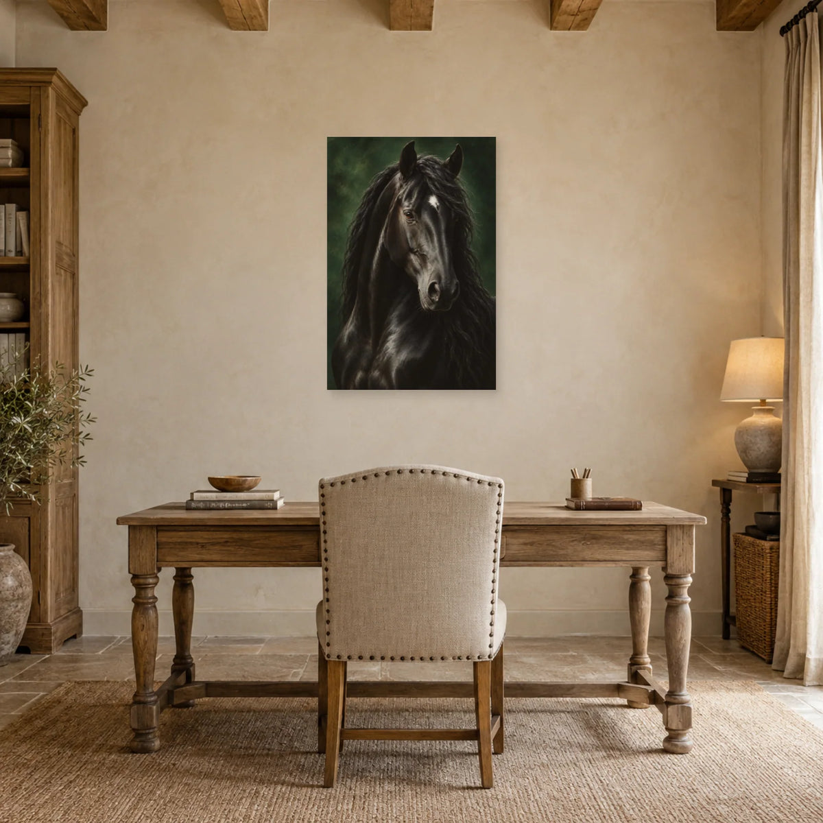 Affiche Cheval noir - Regard de velours dans un bureau - Art Virtuoso