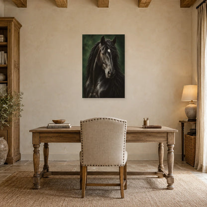 Affiche Cheval noir - Regard de velours dans un bureau - Art Virtuoso