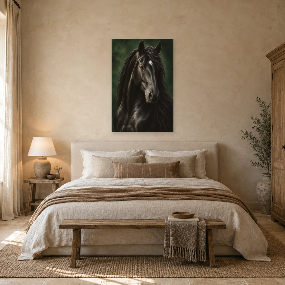 Affiche Cheval noir - Regard de velours dans une chambre - Art Virtuoso