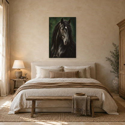 Affiche Cheval noir - Regard de velours dans une chambre - Art Virtuoso