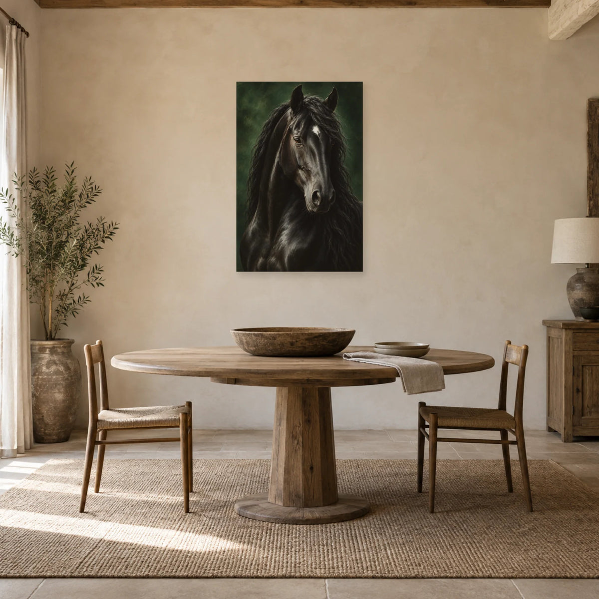 Affiche Cheval noir - Regard de velours dans une salle à manger - Art Virtuoso