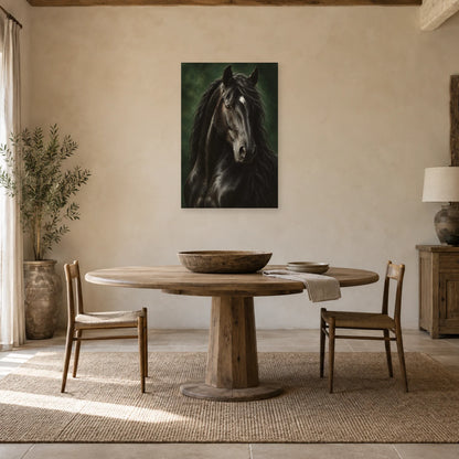 Affiche Cheval noir - Regard de velours dans une salle à manger - Art Virtuoso