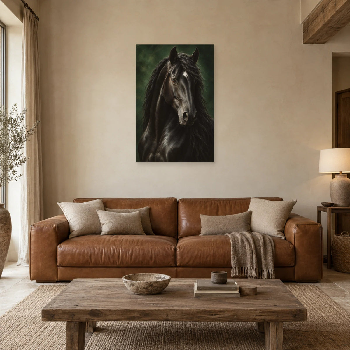 Affiche Cheval noir - Regard de velours dans un salon - Art Virtuoso