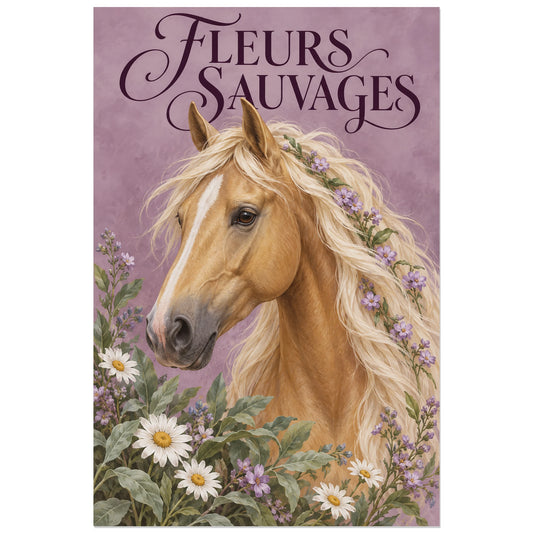 Affiche Cheval palomino – Fleurs sauvages, illustration botanique / peinture réaliste / bohème verticale, format 30 × 45 cm