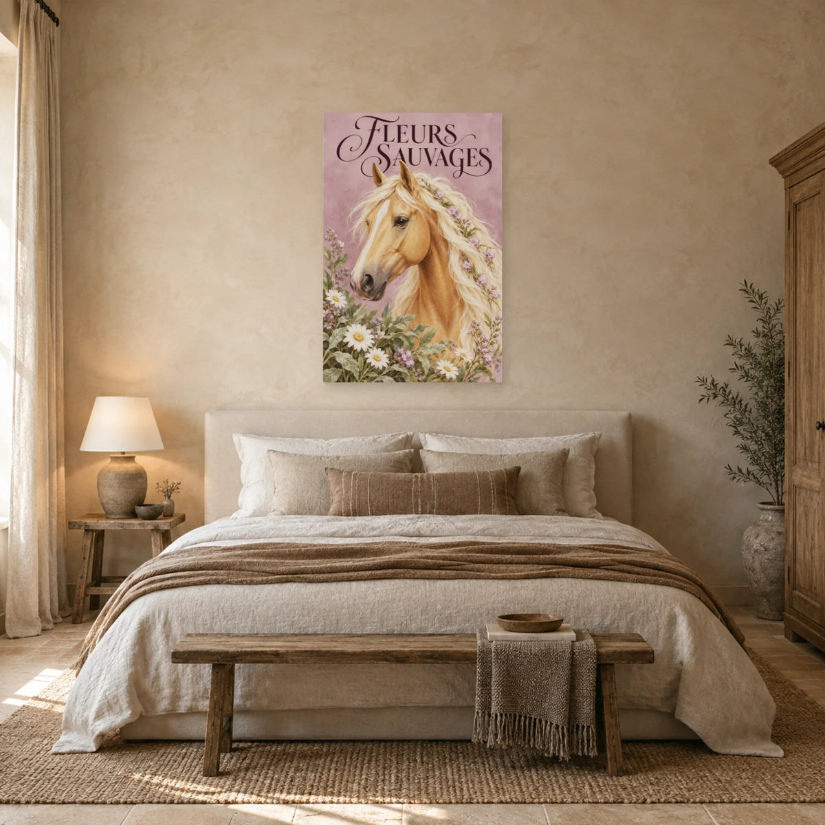 Affiche Cheval palomino - Fleurs sauvages dans une chambre - Art Virtuoso