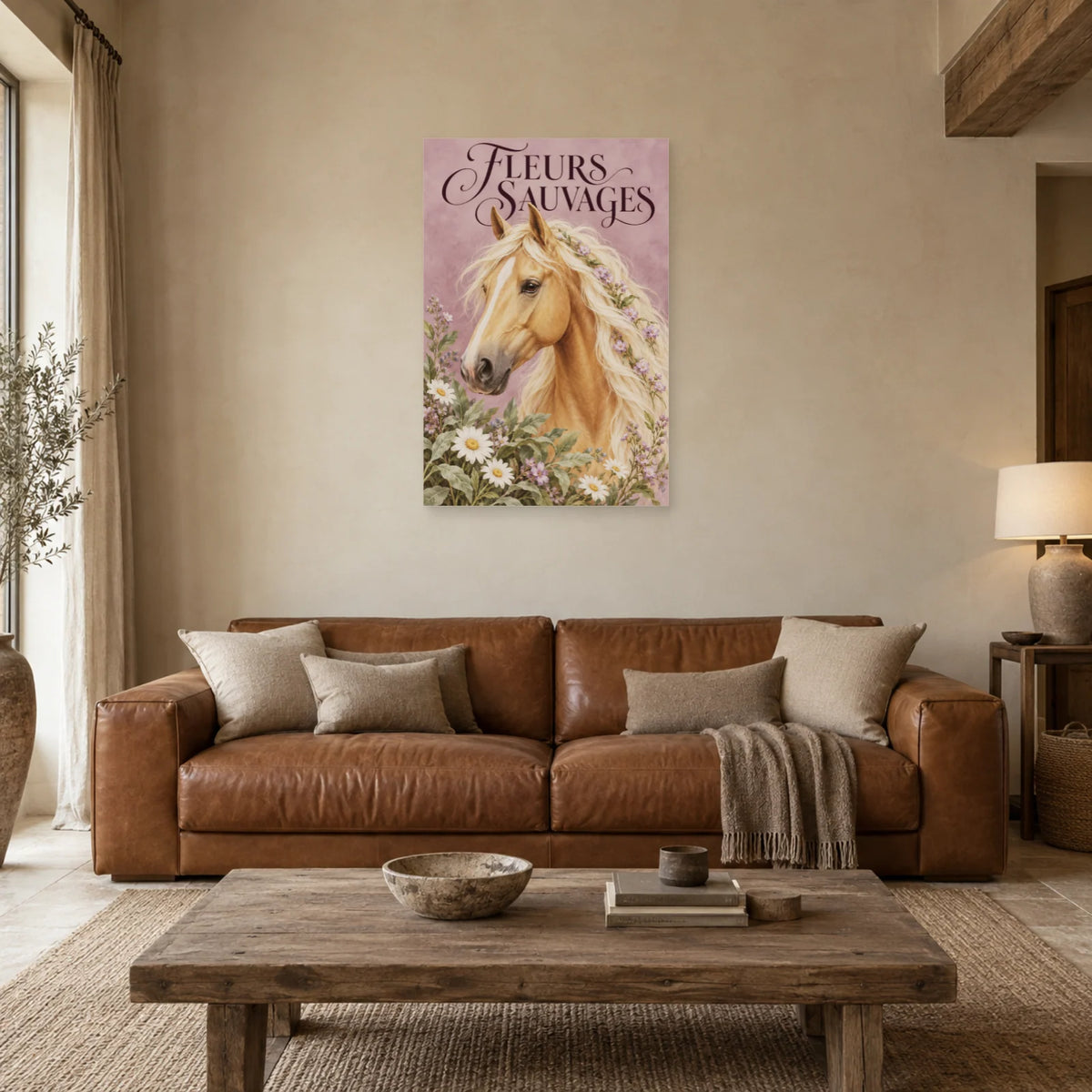 Affiche Cheval palomino - Fleurs sauvages dans un salon - Art Virtuoso