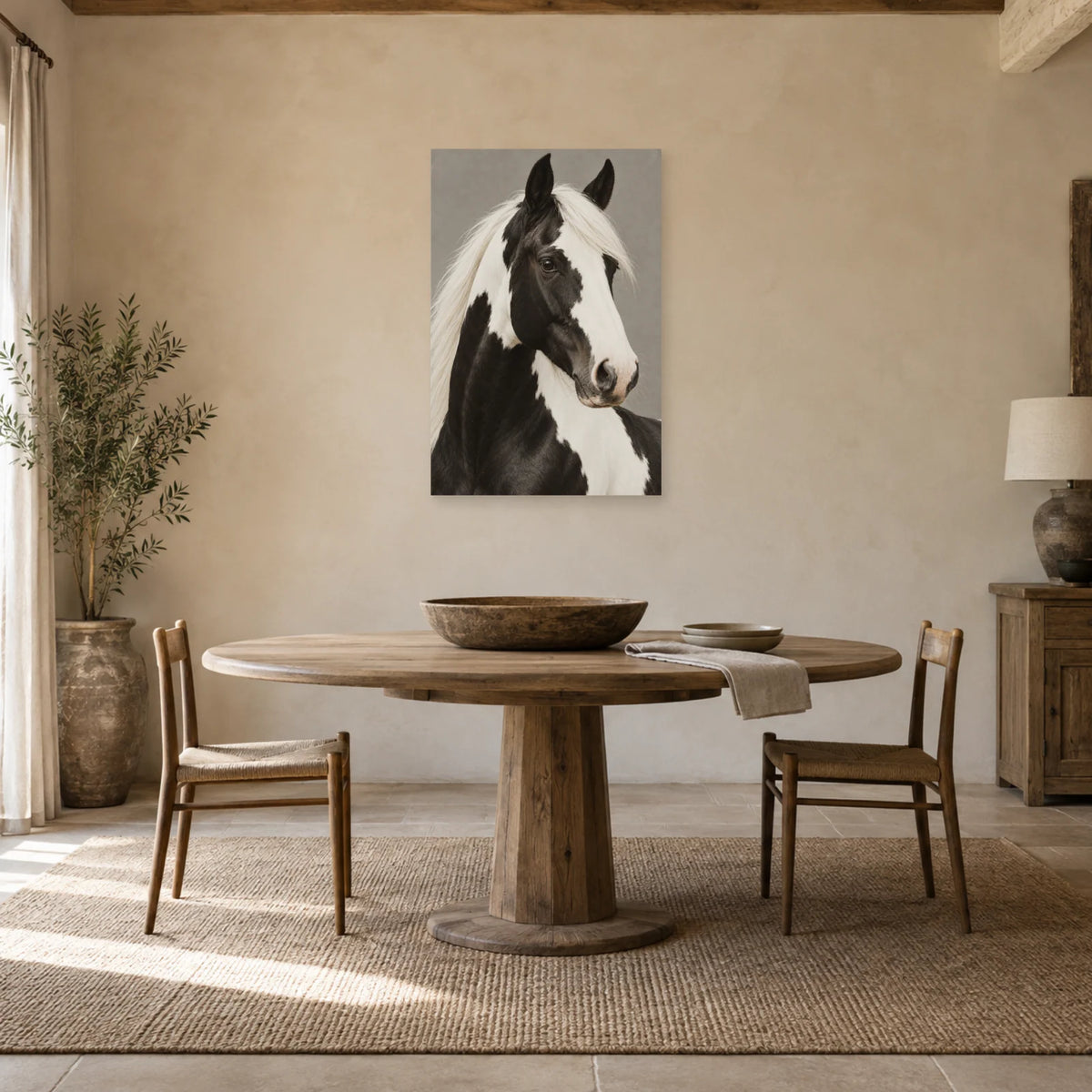 Affiche Cheval pie - Dualité dans une salle à manger - Art Virtuoso