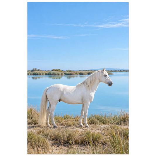 Affiche de cheval blanc en Camargue – Ligne d’horizon, réalisme photographique / paysage contemplatif verticale, format 30 × 45 cm