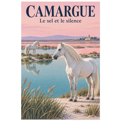 Affiche Chevaux de Camargue – Sel et silence, affiche de voyage / peinture réaliste verticale, format 30 × 45 cm