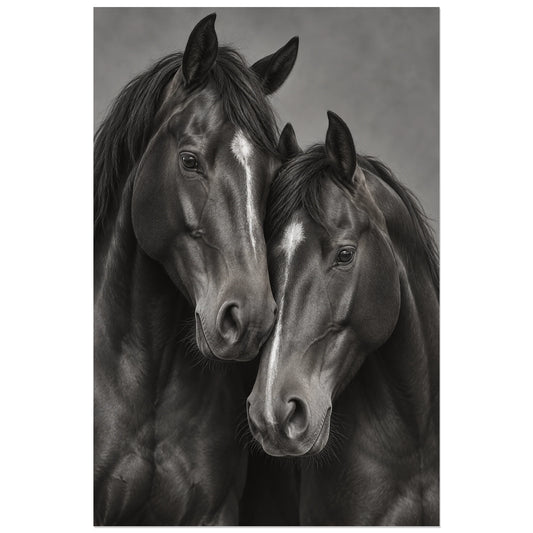 Affiche de duo de chevaux – Duo complice, réalisme photographique / noir et blanc verticale, format 30 × 45 cm
