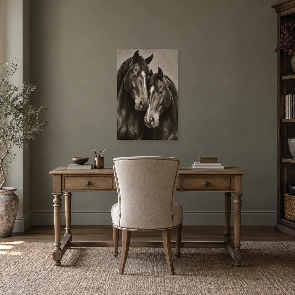 Affiche Chevaux - Duo complice dans un bureau - Art Virtuoso