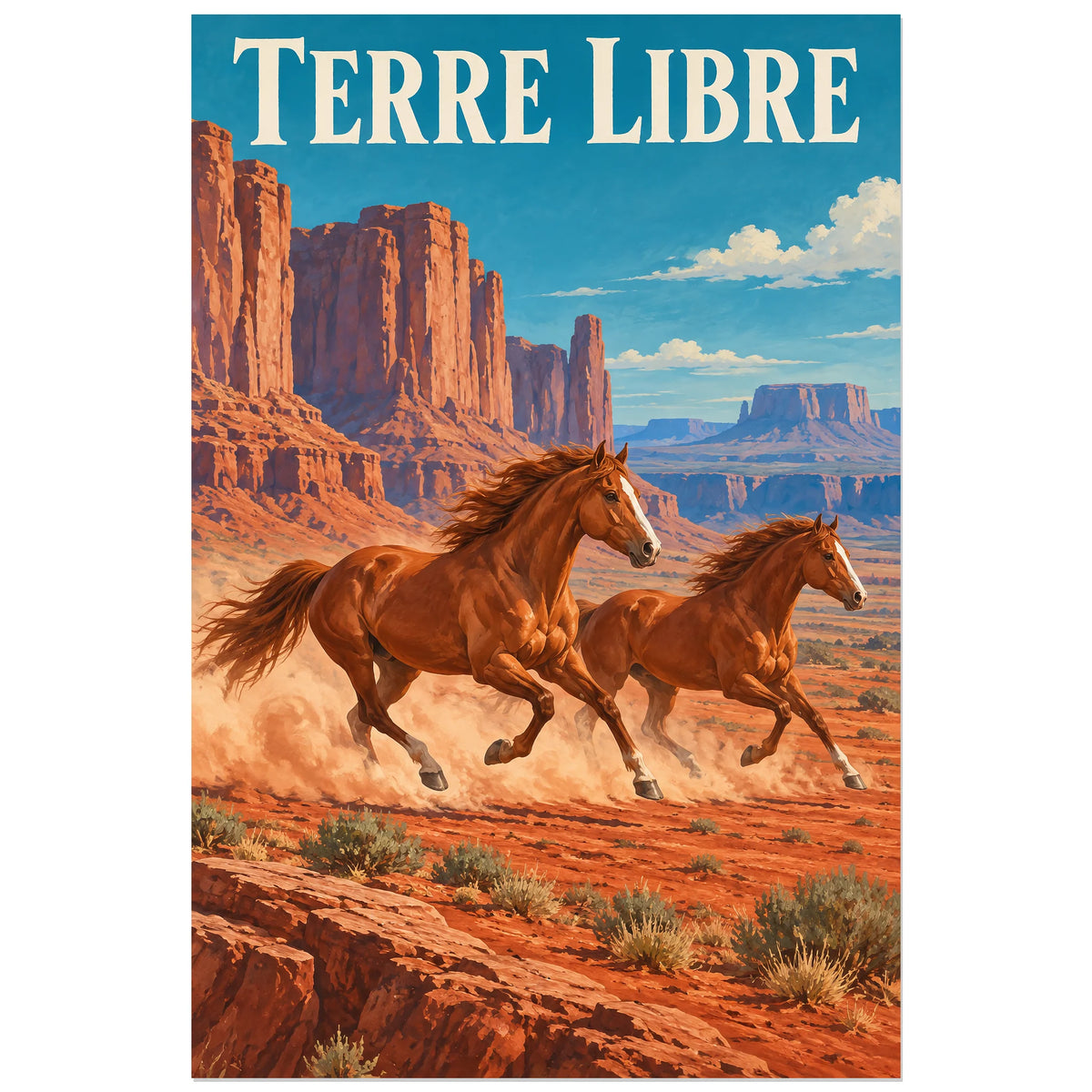 Affiche Chevaux au galop – Terre rouge, affiche vintage / paysage peint verticale, format 60 × 90 cm