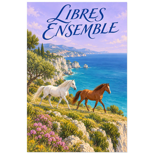 Affiche de chevaux en bord de mer – Horizon bleu, affiche de voyage / paysage peint verticale, format 30 × 45 cm