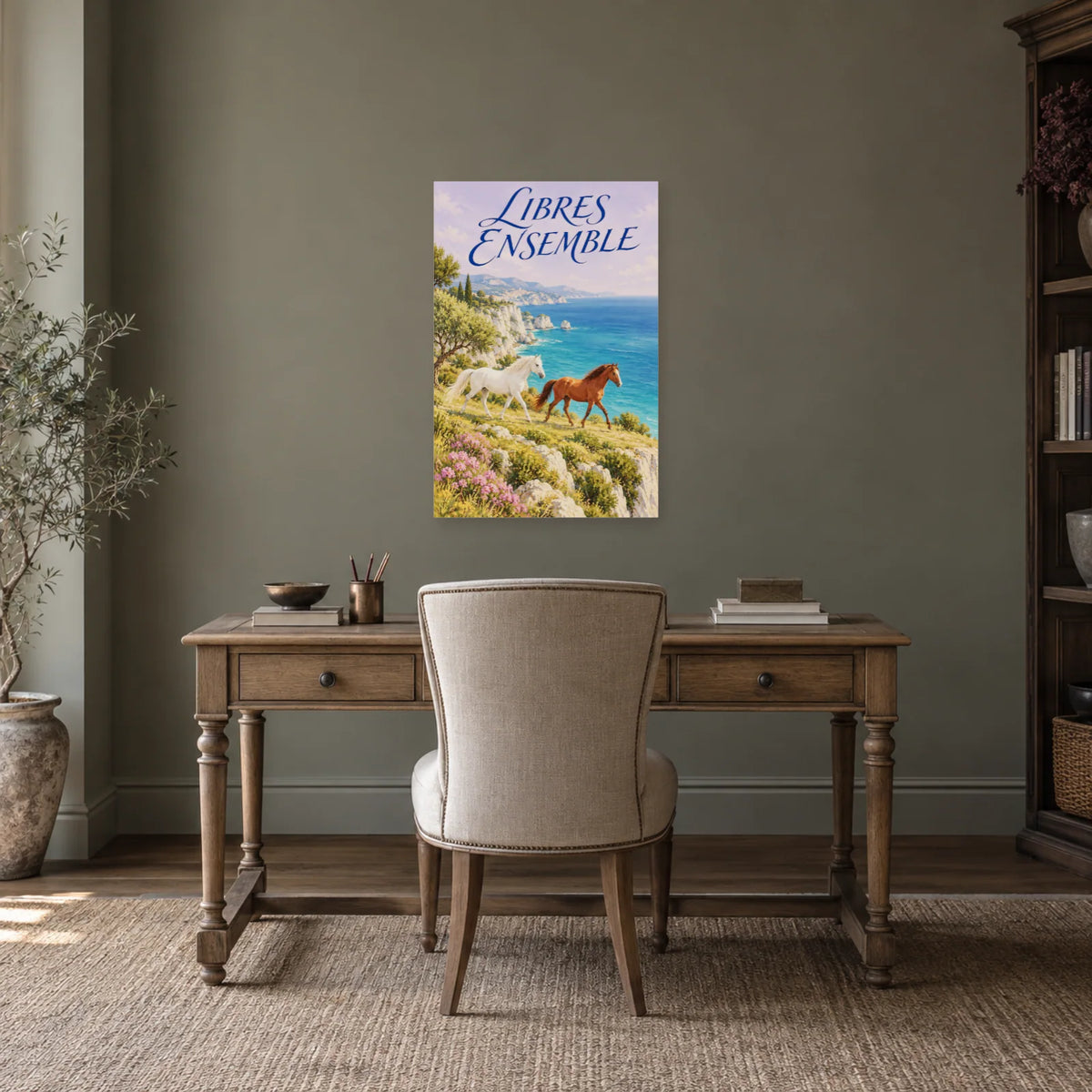 Affiche Chevaux - Horizon bleu dans un bureau - Art Virtuoso